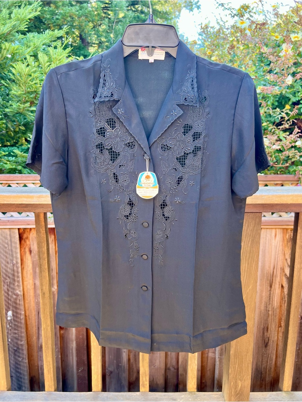 Vintage 100% Silk handmade Black Embroidered Button-Up Blouse